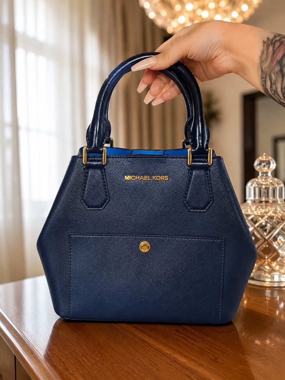 Michael Kors Greenwich Medium Saffiano Leather Satchel Navy Blue Gold NWOT